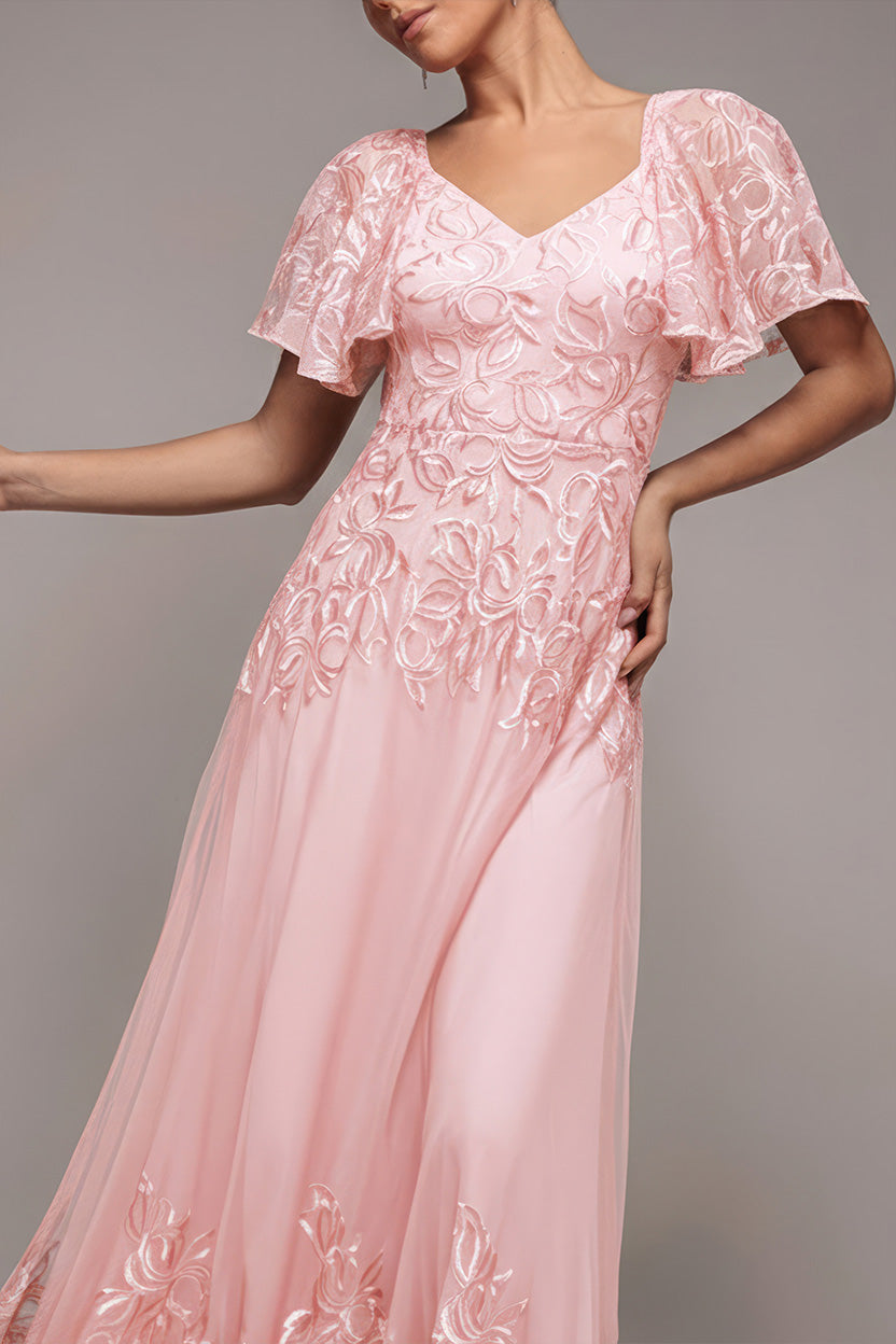 Lace Flutter Sleeve Embroidered Mesh A Line Maxi Dress - Pink DR3942