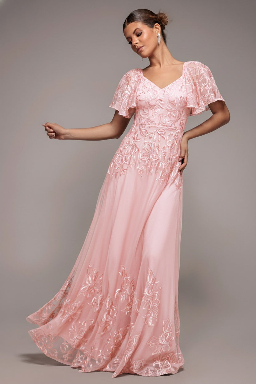 Lace Flutter Sleeve Embroidered Mesh A Line Maxi Dress - Pink DR3942