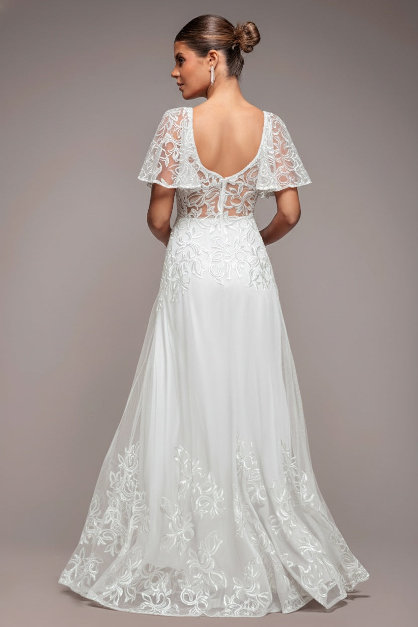 Lace Flutter Sleeve Embroidered Mesh A Line Maxi Dress - White DR3942