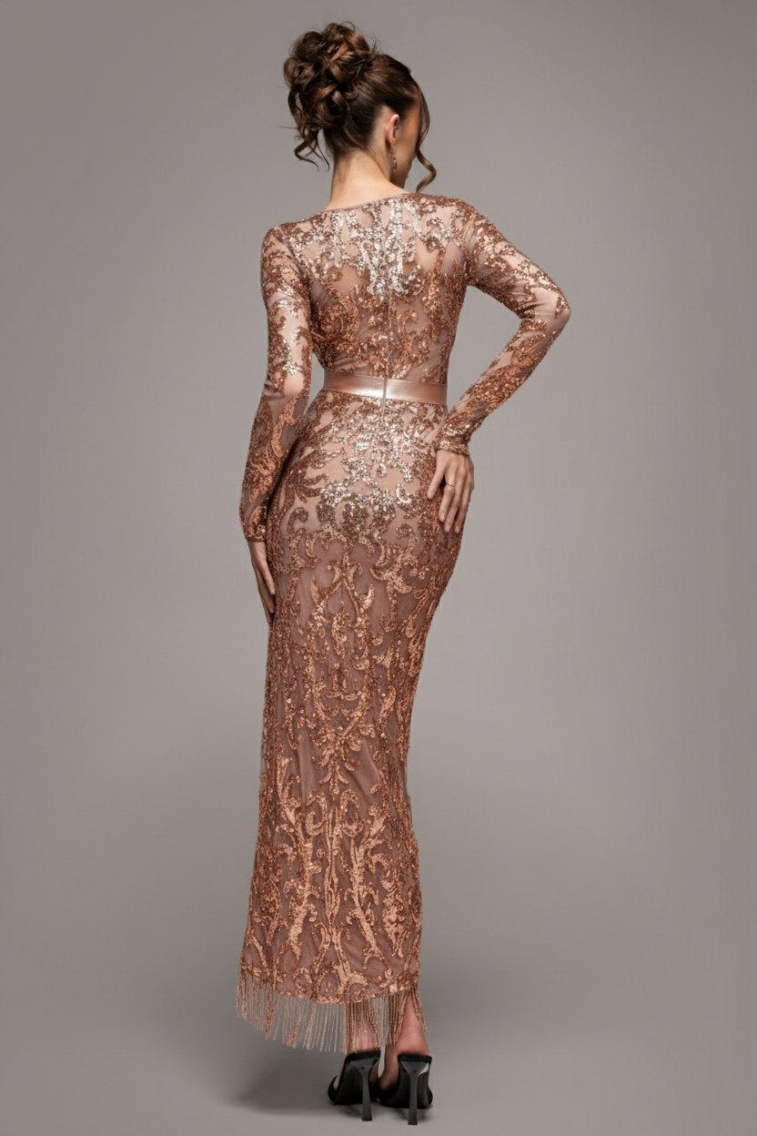 Tassel & Sequin Midaxi With Front Split - Champagne DR4006