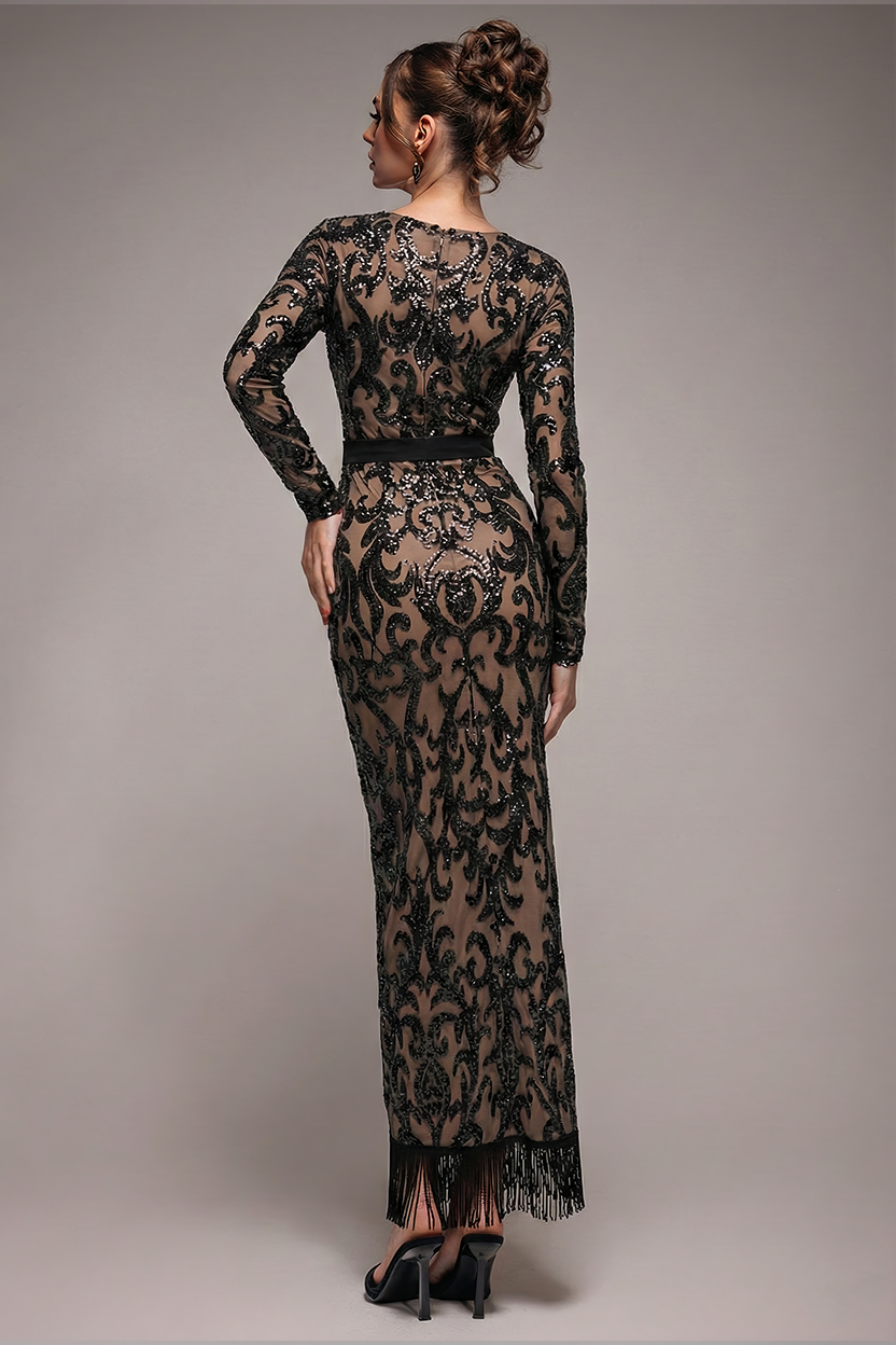 Tassel & Sequin Midaxi With Front Split - Black DR4006