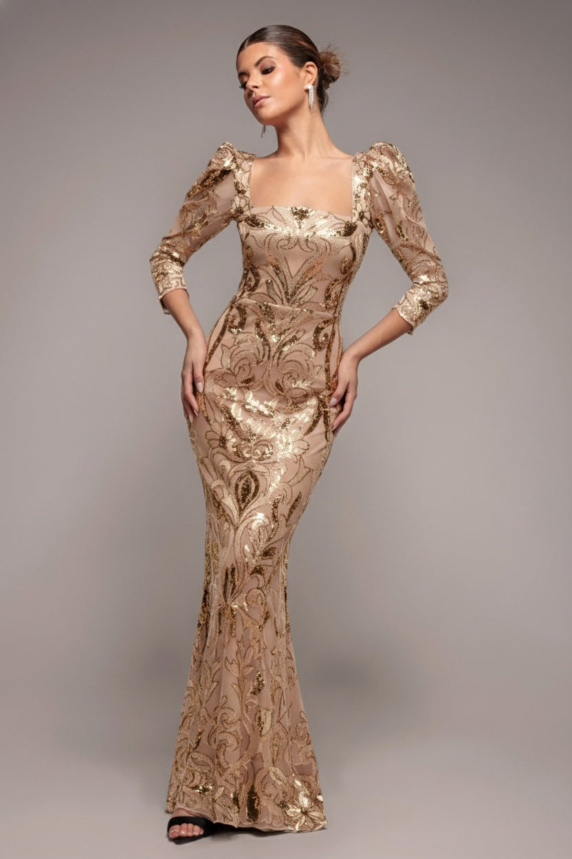 Square Neck Scalloped Lace Maxi - Champagne DR4016