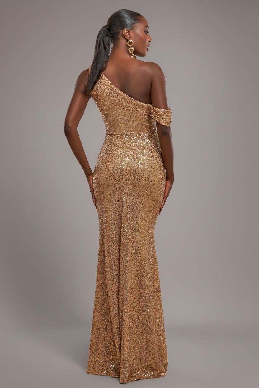 Sequin Cowl One Shoulder Maxi Dress - Gold DR4020
