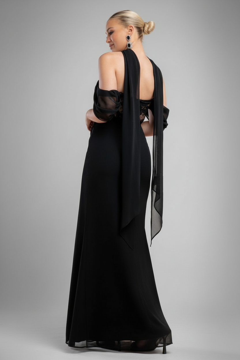 Scalloped Lace & Chiffon Winged Corset Bodice Maxi Dress - Black DR4397