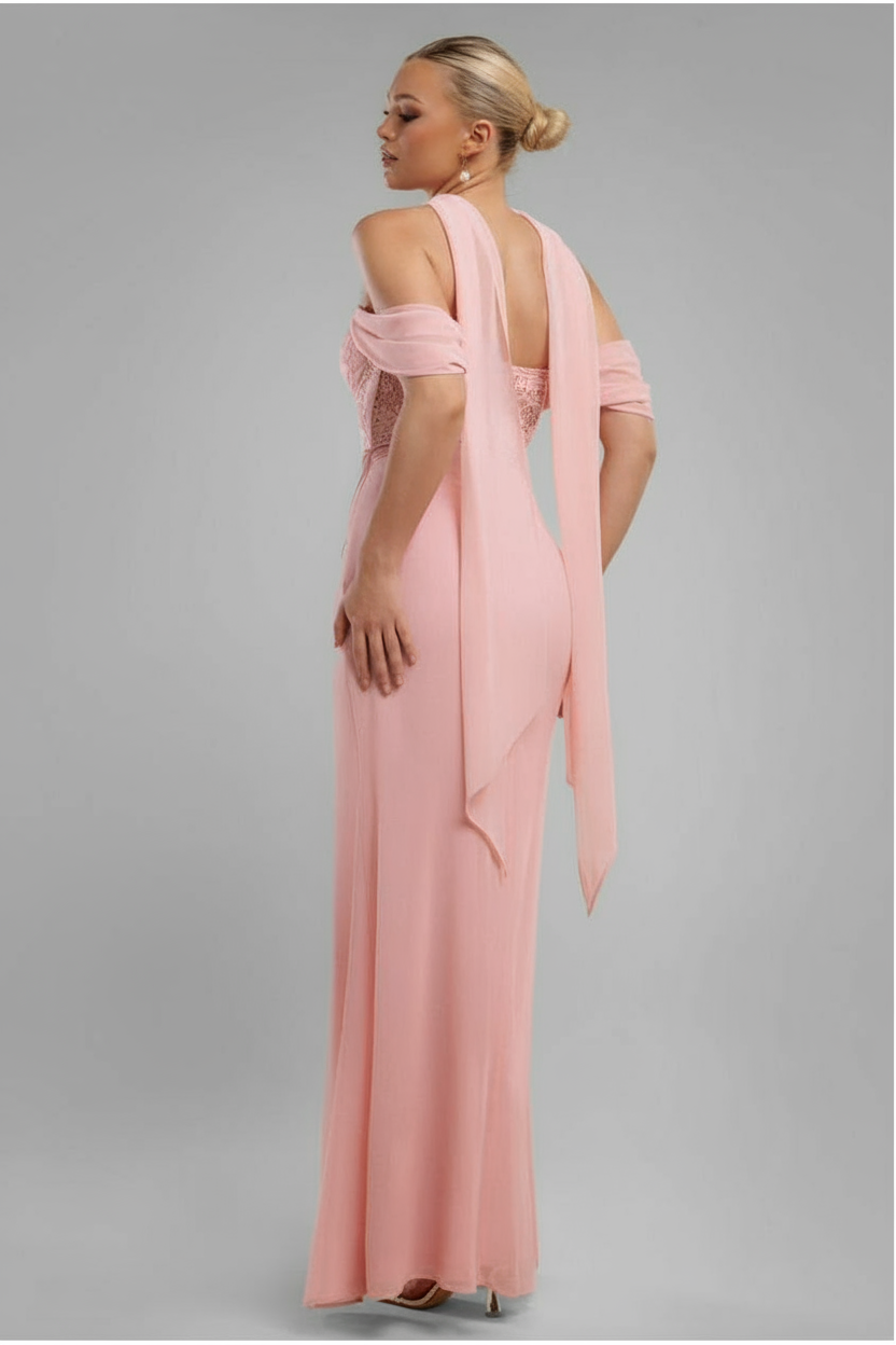 Scalloped Lace & Chiffon Winged Corset Bodice Maxi Dress - Blush Pink DR4397