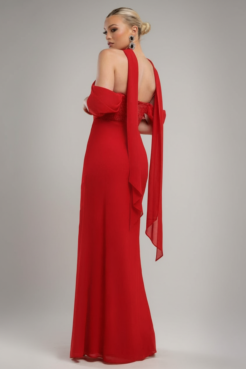 Scalloped Lace & Chiffon Winged Corset Bodice Maxi Dress - Red DR4397