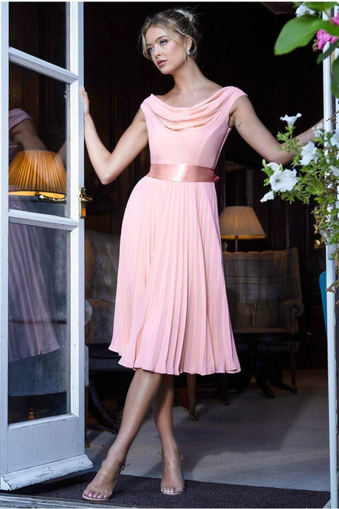 Cowl Neck Pleated A-Line Chiffon Midi Dress - Blush Pink by Goddiva
