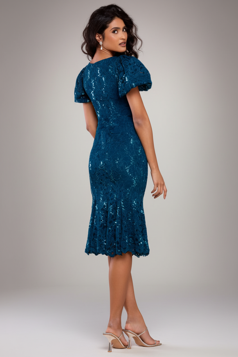 Sequin Lace Puff Sleeve Fit & Flare Midi Dress - Teal Blue DR4508