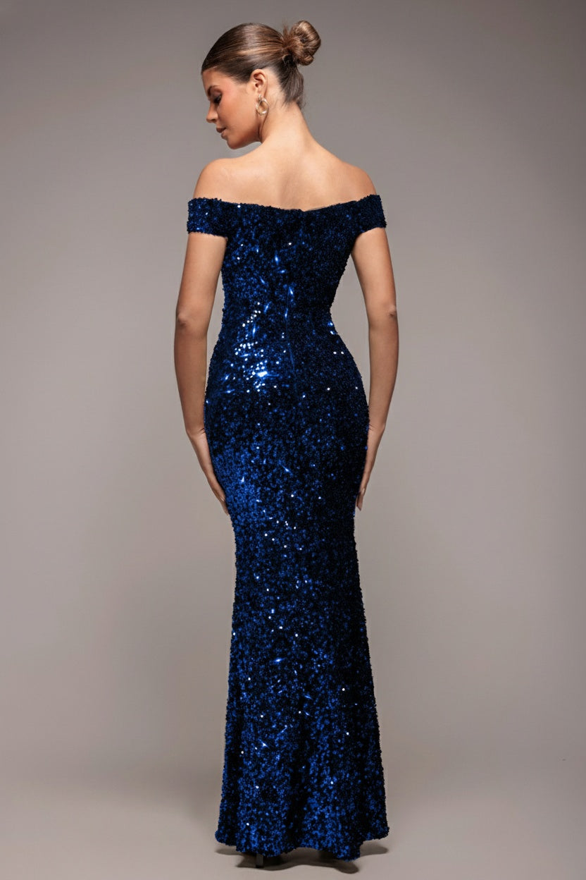 Sequin Velvet Bardot Evening Maxi Dress - Midnight Blue DR4525