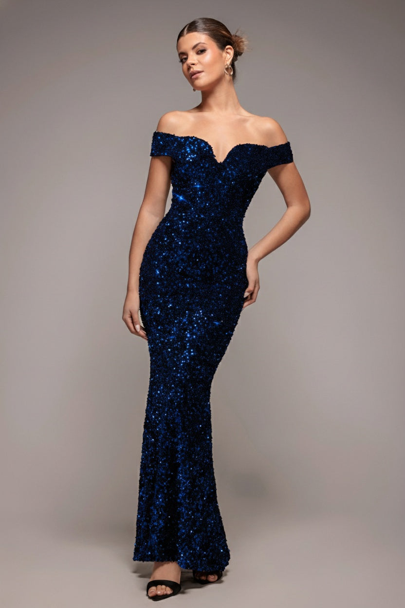 Sequin Velvet Bardot Evening Maxi Dress - Midnight Blue DR4525