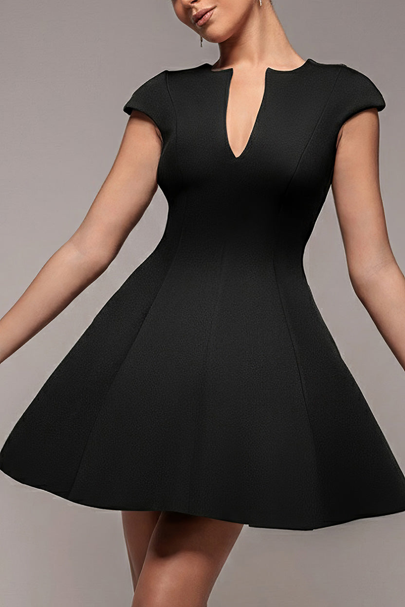 Cap Sleeve Plunging V-Neckline Skater Mini Dress - Black DR4539