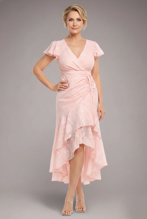 Jacquard Chiffon Wrap High Low Midaxi Dress - Pink by Goddiva