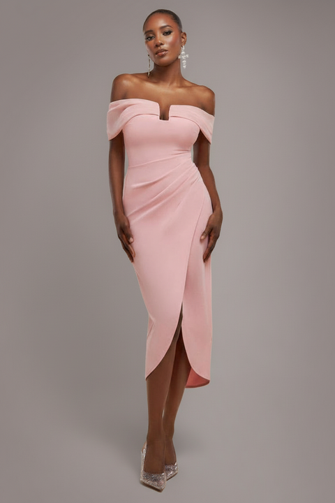 Off The Shoulder Chiffon Wing Scuba Crepe Midi Dress - Blush Pink by Goddiva