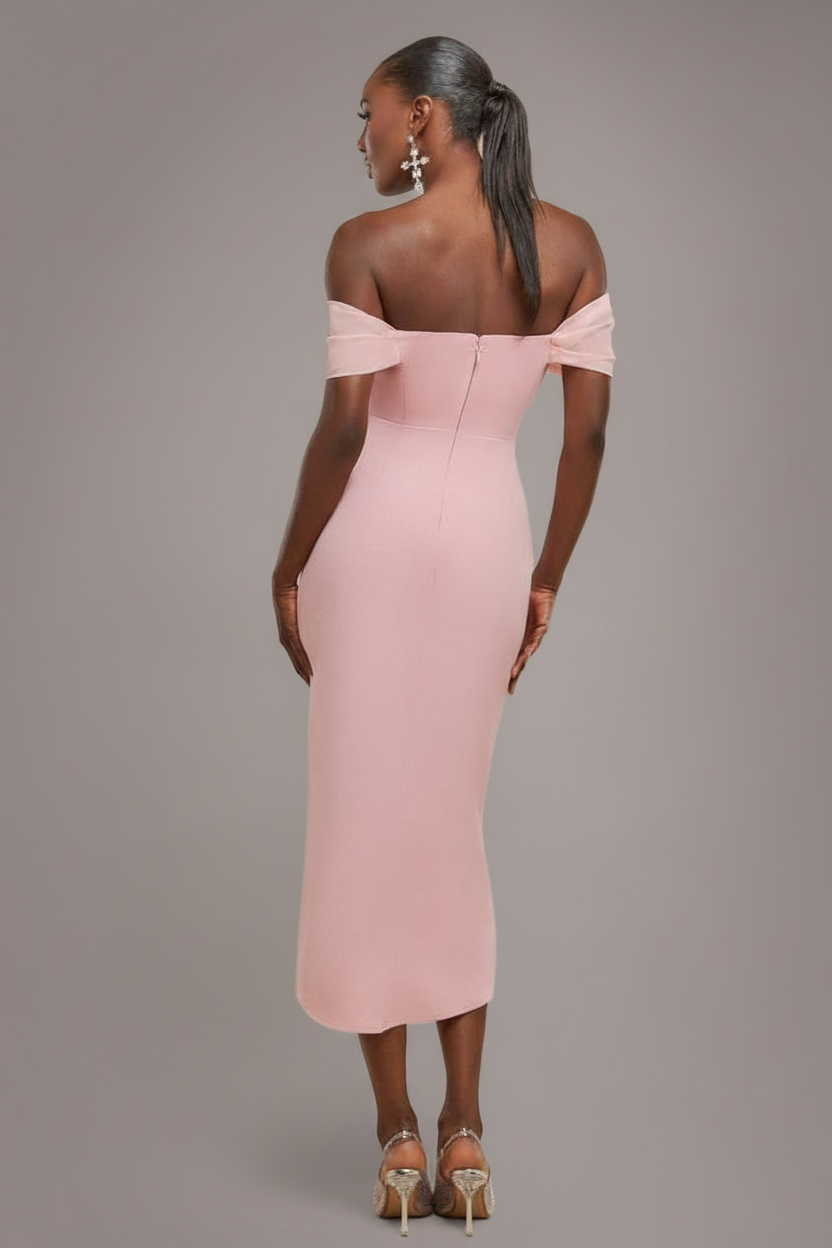Off The Shoulder Chiffon Wing Scuba Crepe Midi Dress - Blush Pink DR4584