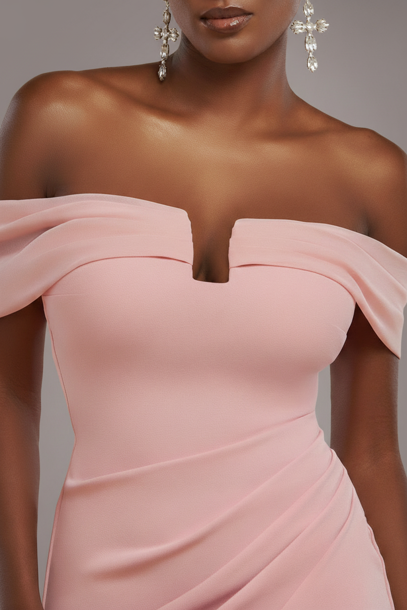 Off The Shoulder Chiffon Wing Scuba Crepe Midi Dress - Blush Pink DR4584