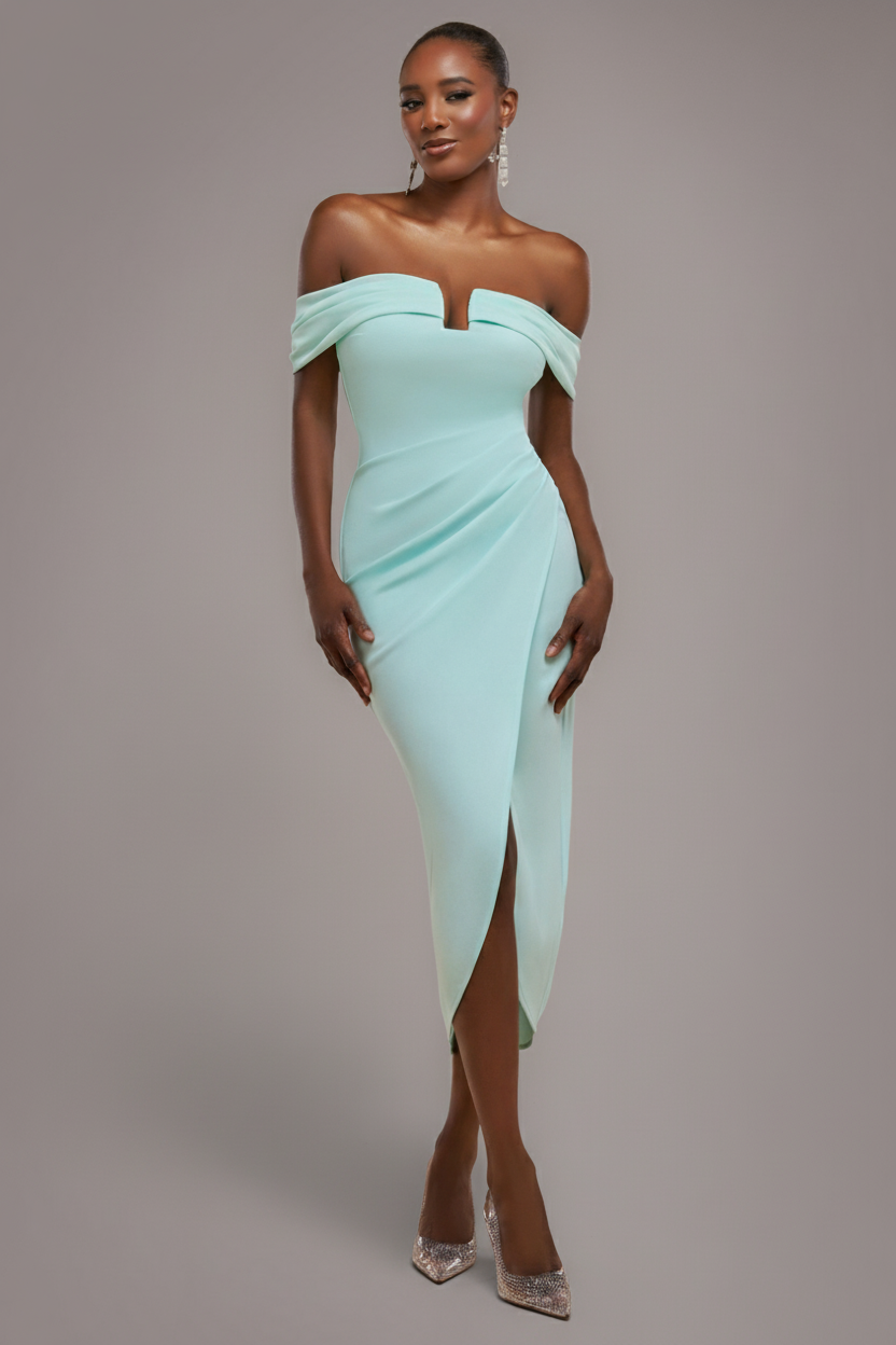 Off The Shoulder Chiffon Wing Scuba Crepe Midi Dress - Mint Green DR4584
