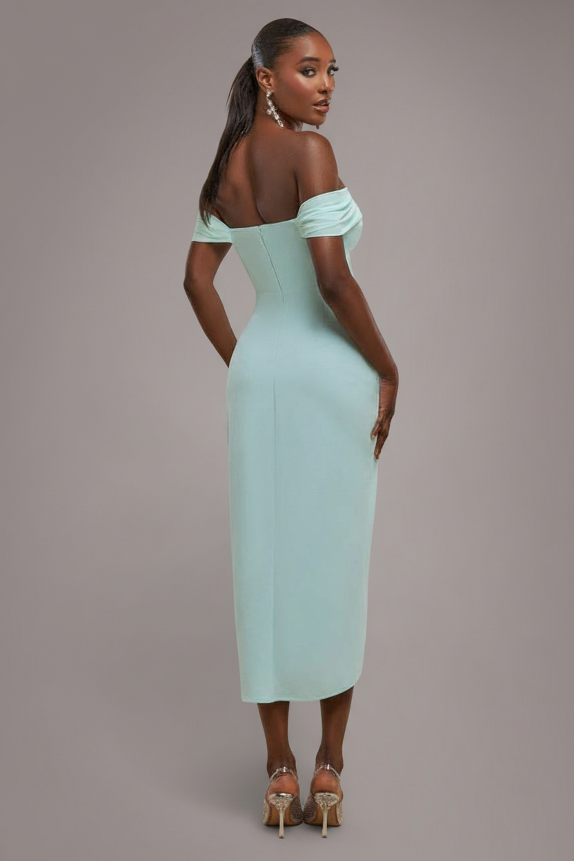 Off The Shoulder Chiffon Wing Scuba Crepe Midi Dress - Mint Green DR4584