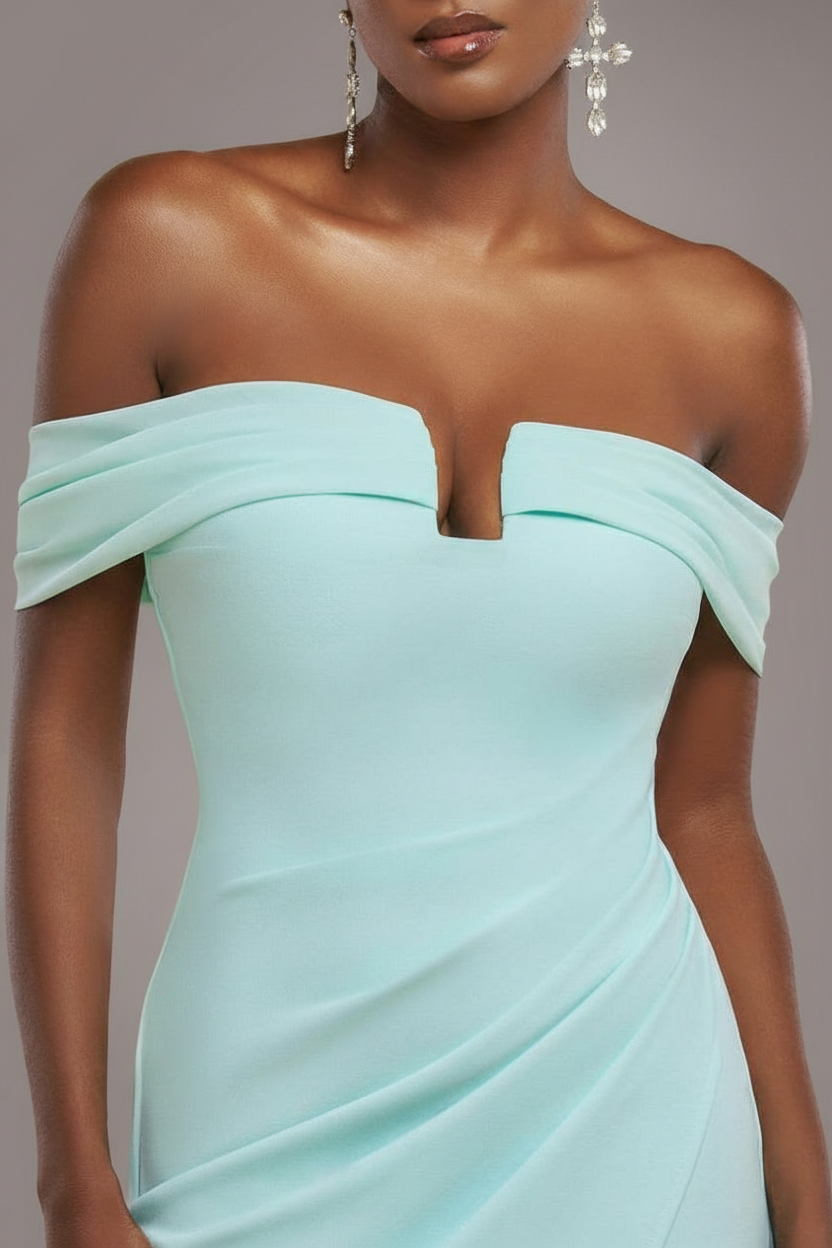 Off The Shoulder Chiffon Wing Scuba Crepe Midi Dress - Mint Green DR4584