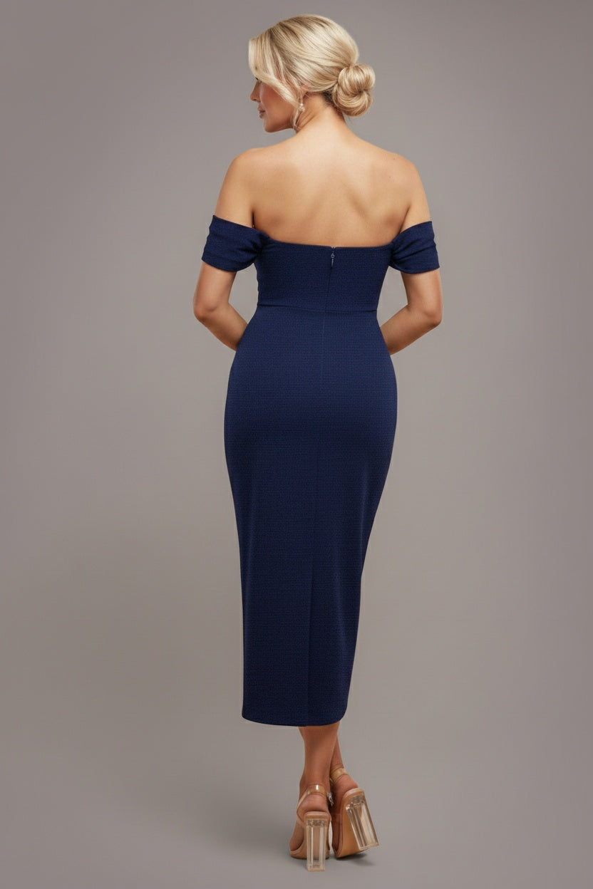 Off The Shoulder Chiffon Wing Scuba Crepe Midi Dress - Navy Blue DR4584M