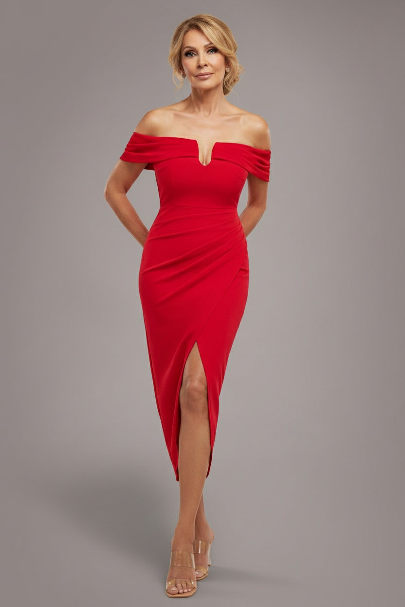 Off The Shoulder Chiffon Wing Scuba Crepe Midi Dress - Red DR4584M