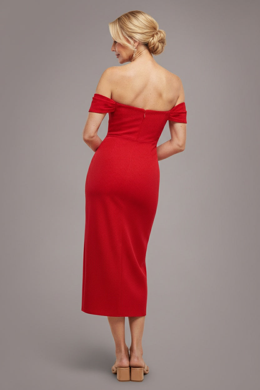 Off The Shoulder Chiffon Wing Scuba Crepe Midi Dress - Red DR4584M