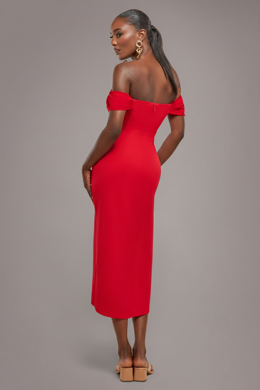 Off The Shoulder Chiffon Wing Scuba Crepe Midi Dress - Red DR4584