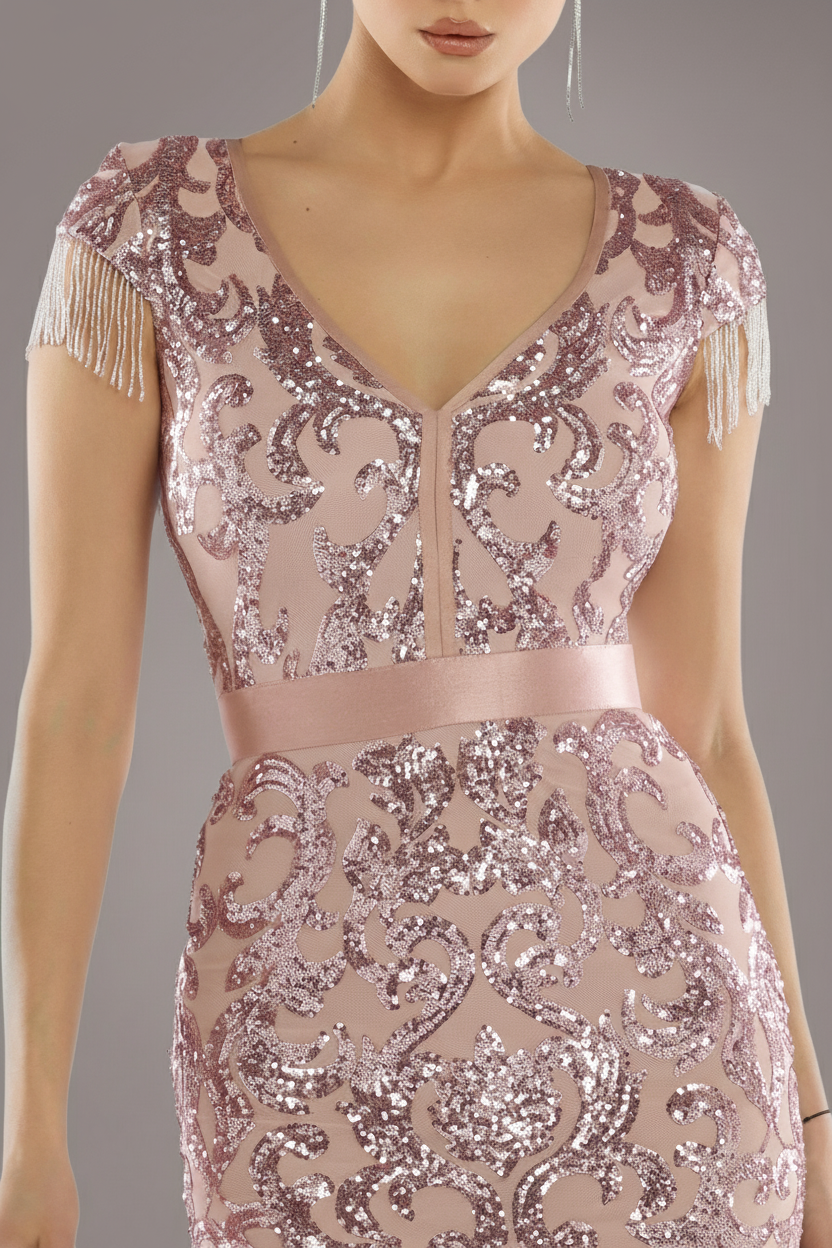 Embroidered Sequin Tassel Front Split Midaxi Dress - Blush Pink DR4590