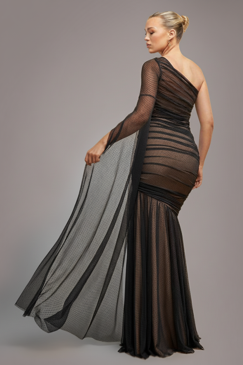 Gathered One Sleeve Angel Wing Mermaid Maxi Dress - Black DR4593