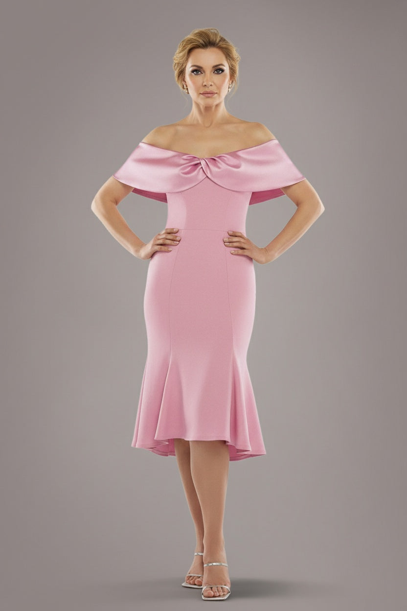 Twist Knot Satin & Scuba Bardot High Low Midi Dress - Blush Pink DR4617M