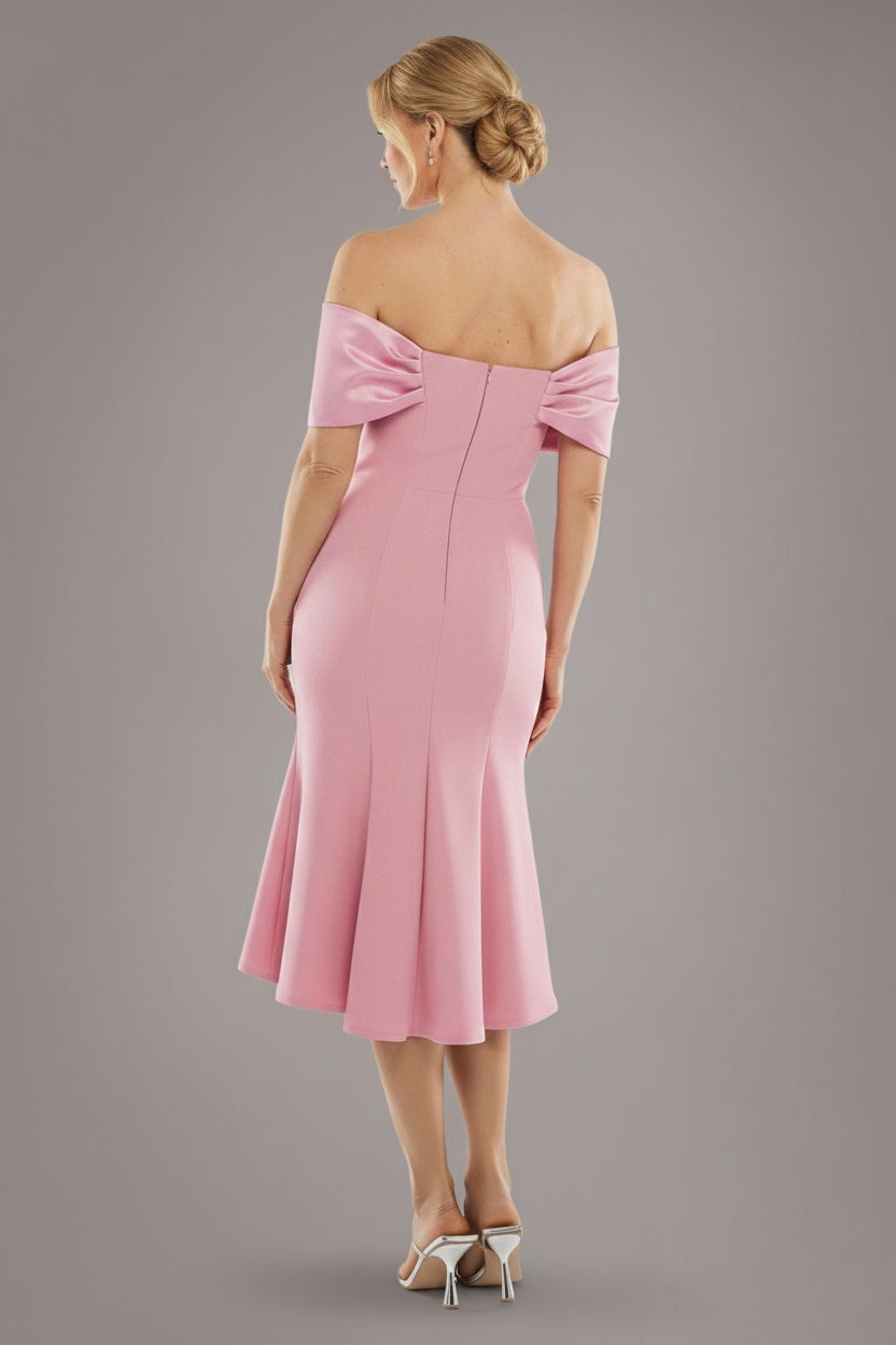 Twist Knot Satin & Scuba Bardot High Low Midi Dress - Blush Pink DR4617M