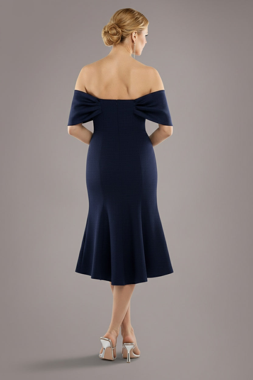Twist Knot Satin & Scuba Bardot High Low Midi Dress - Navy Blue DR4617M