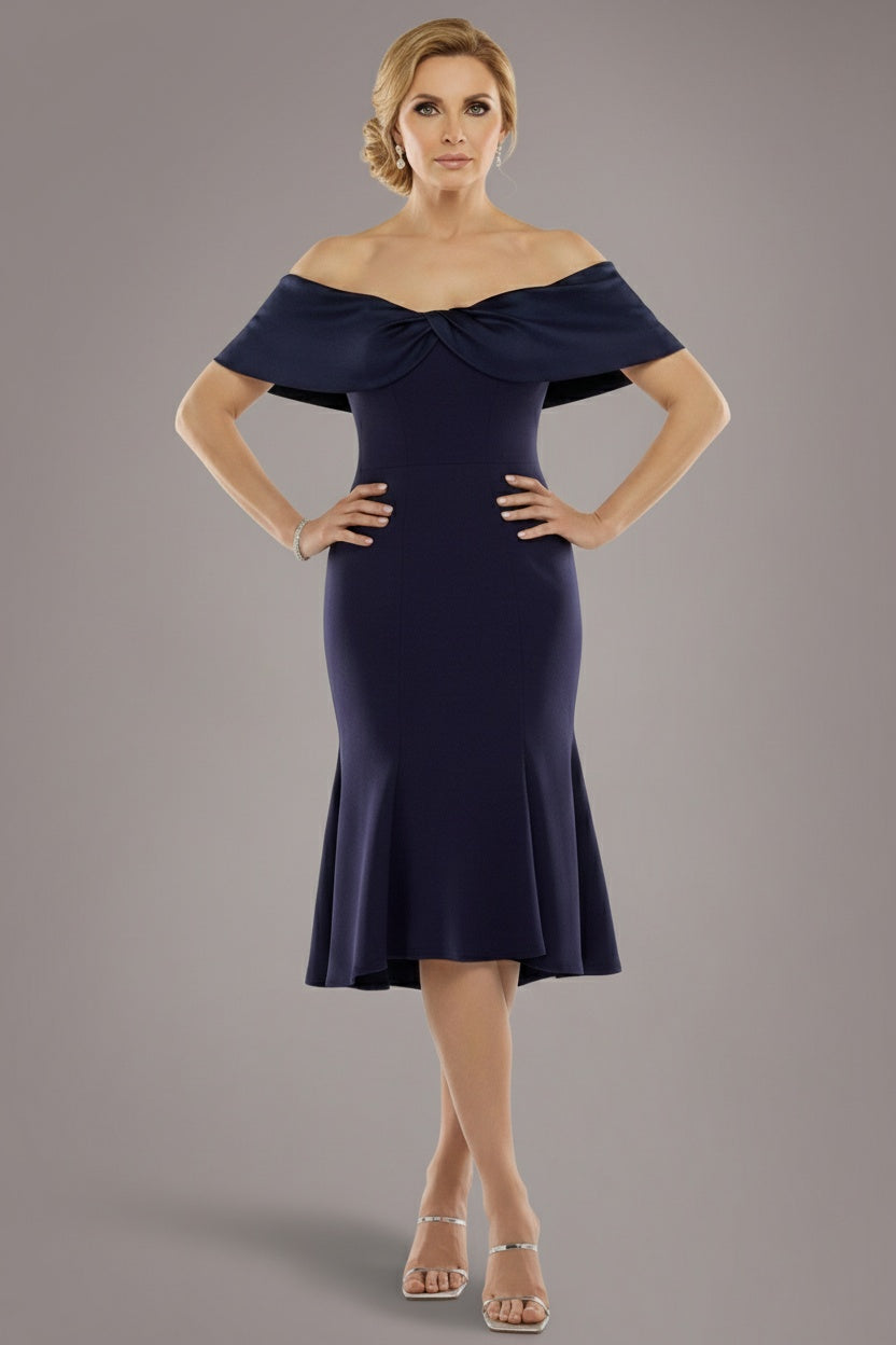 Twist Knot Satin & Scuba Bardot High Low Midi Dress - Navy Blue DR4617M