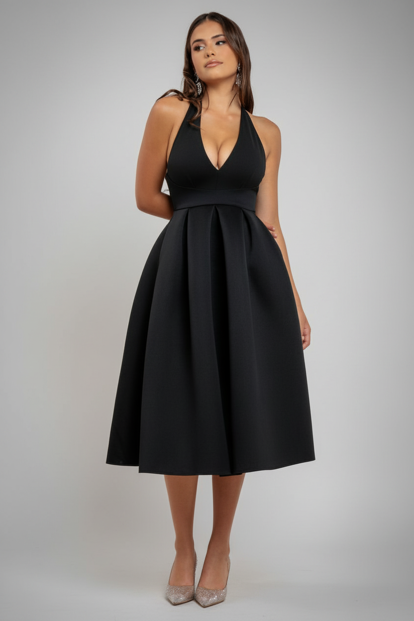 Halter Neck Pleated A-Line Midaxi Dress - Black DR4630