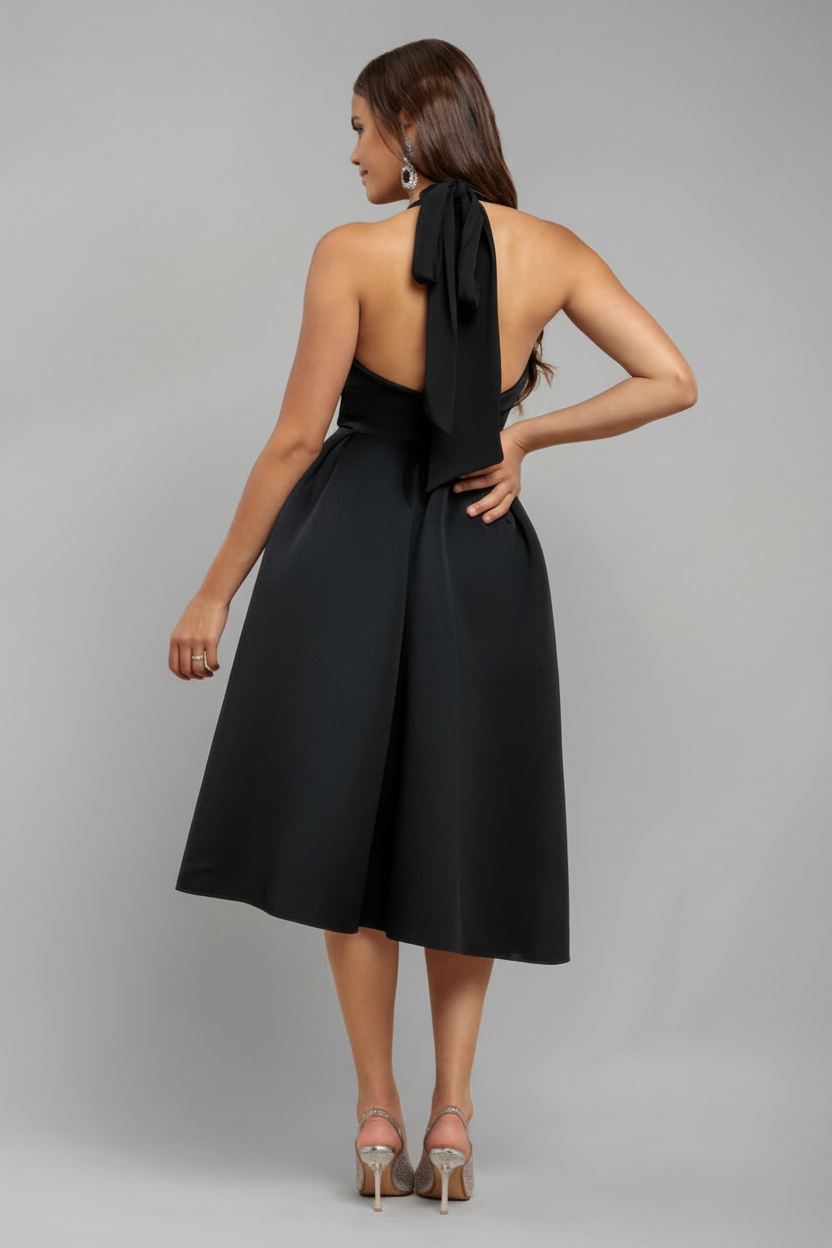 Halter Neck Pleated A-Line Midaxi Dress - Black DR4630