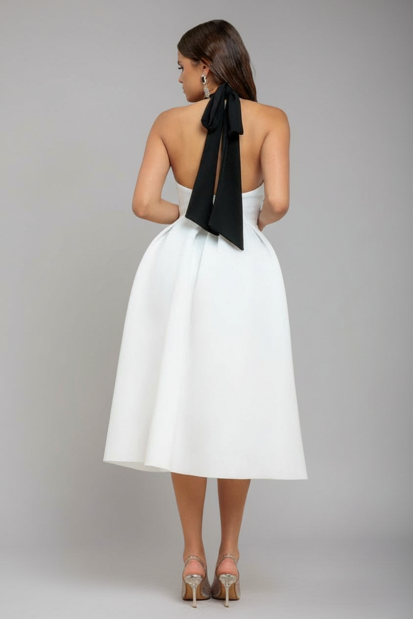 Contrast Halter Neck Pleated A-Line Midaxi Dress - Black Cream DR4630