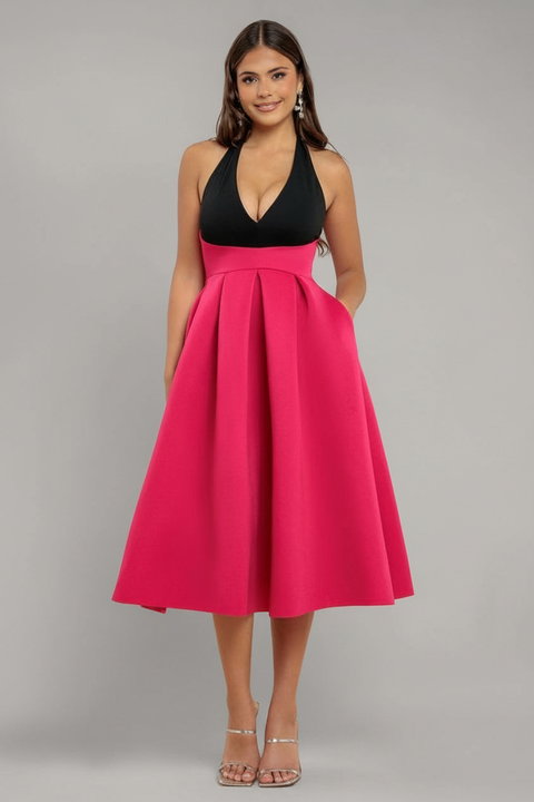 Contrast Halter Neck Pleated A-Line Midaxi Dress - Black Magenta by Goddiva