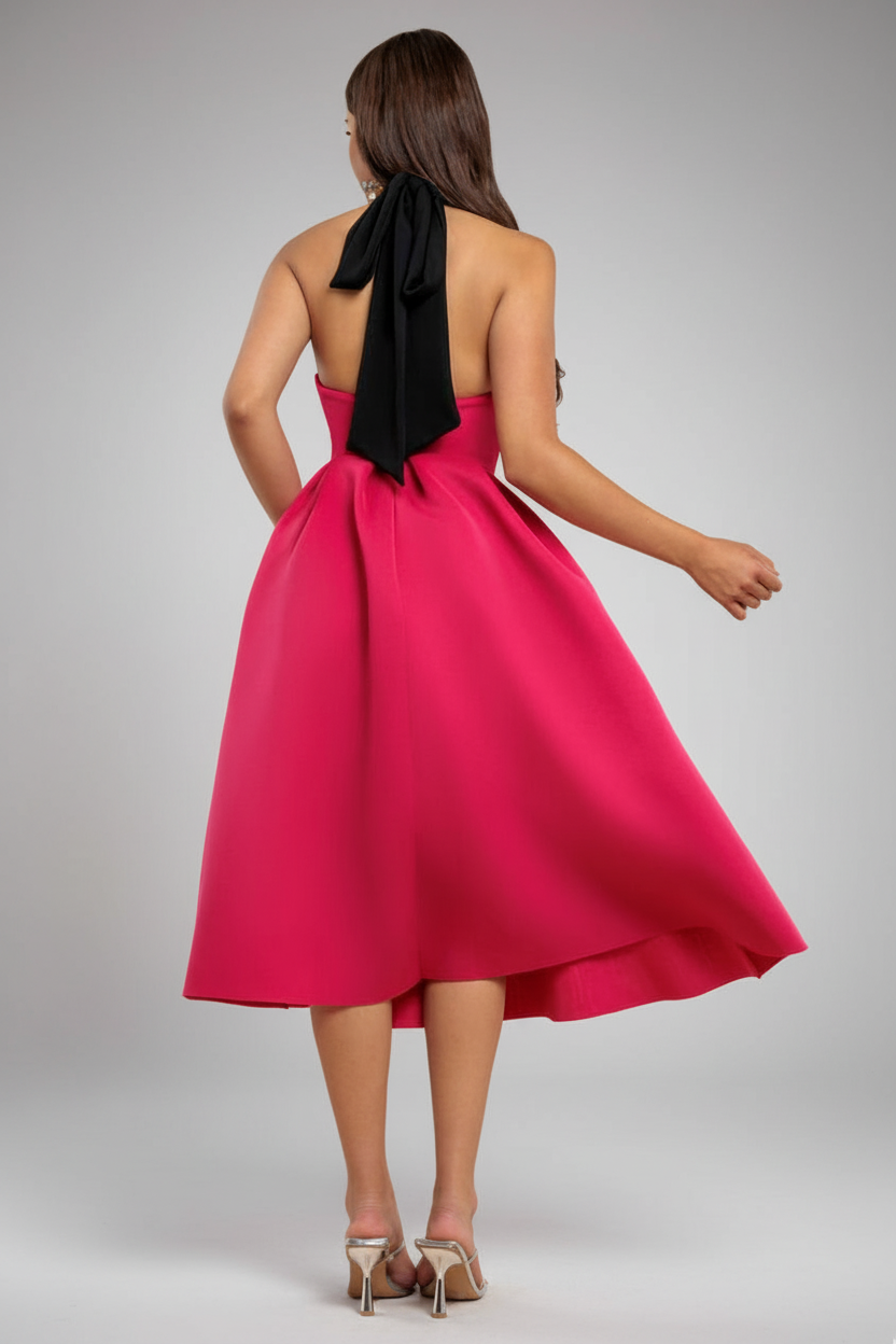 Contrast Halter Neck Pleated A-Line Midaxi Dress - Black Magenta DR4630