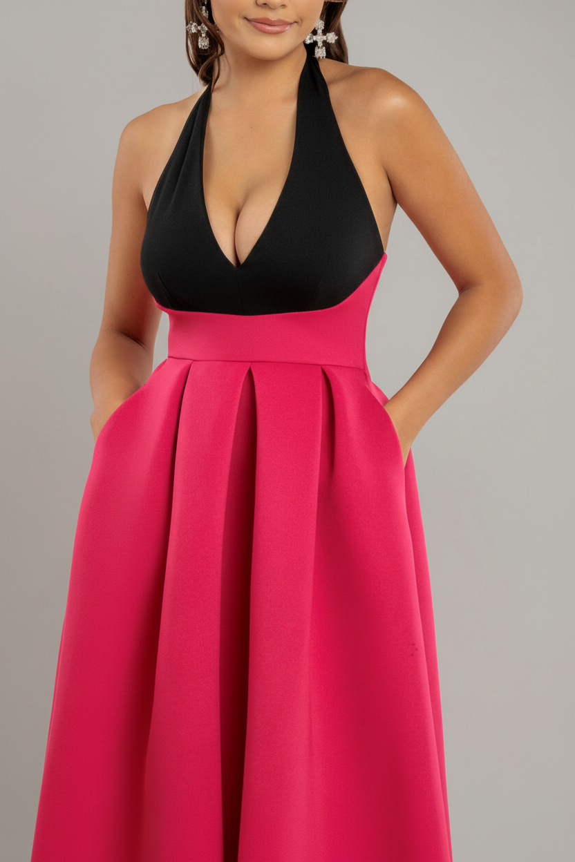Contrast Halter Neck Pleated A-Line Midaxi Dress - Black Magenta DR4630