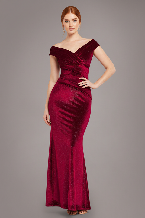 Shimmer Velvet Bardot Maxi Dress - Wine by Goddiva
