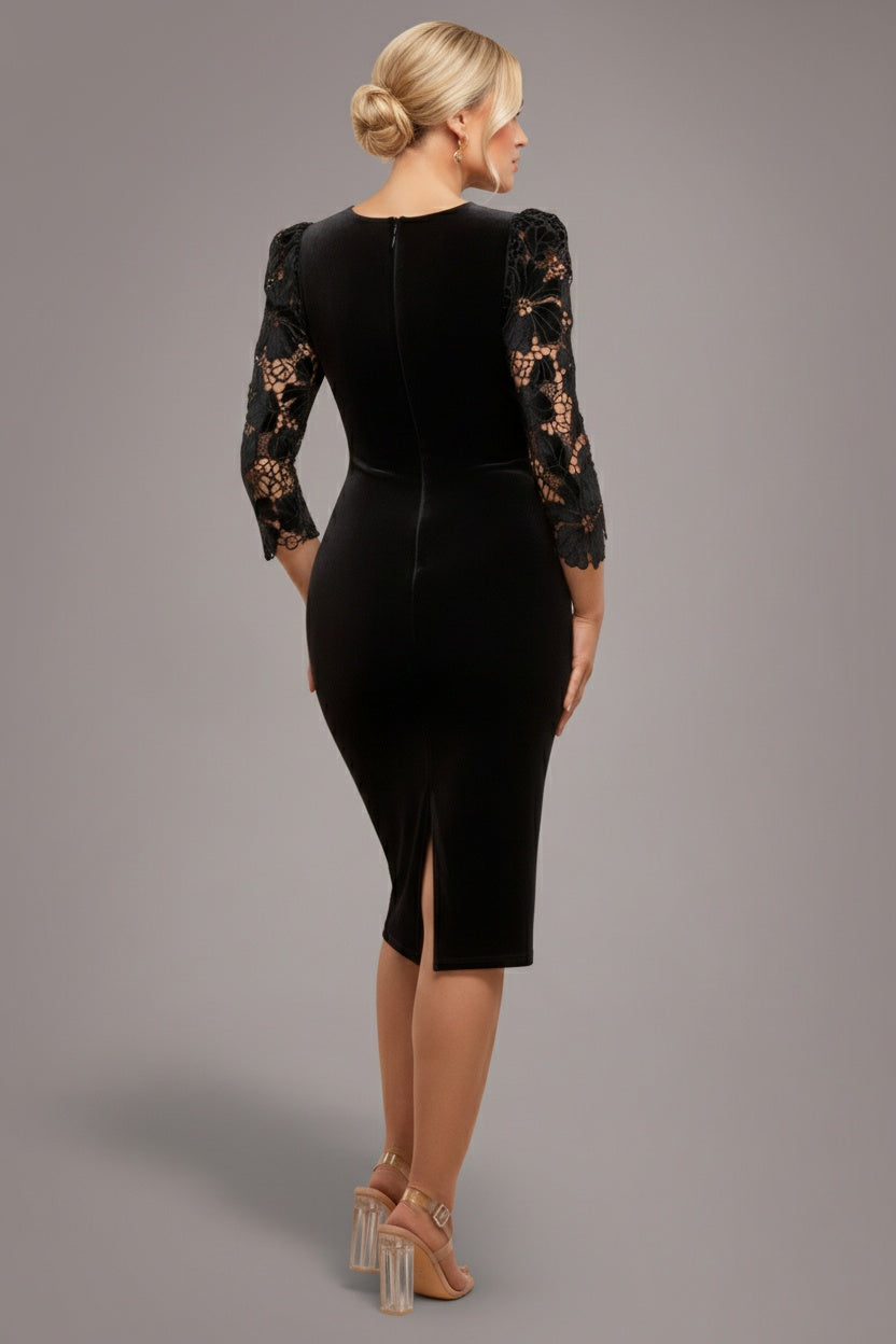 Scalloped Crochet & Velvet Midi Dress - Black DR4652M