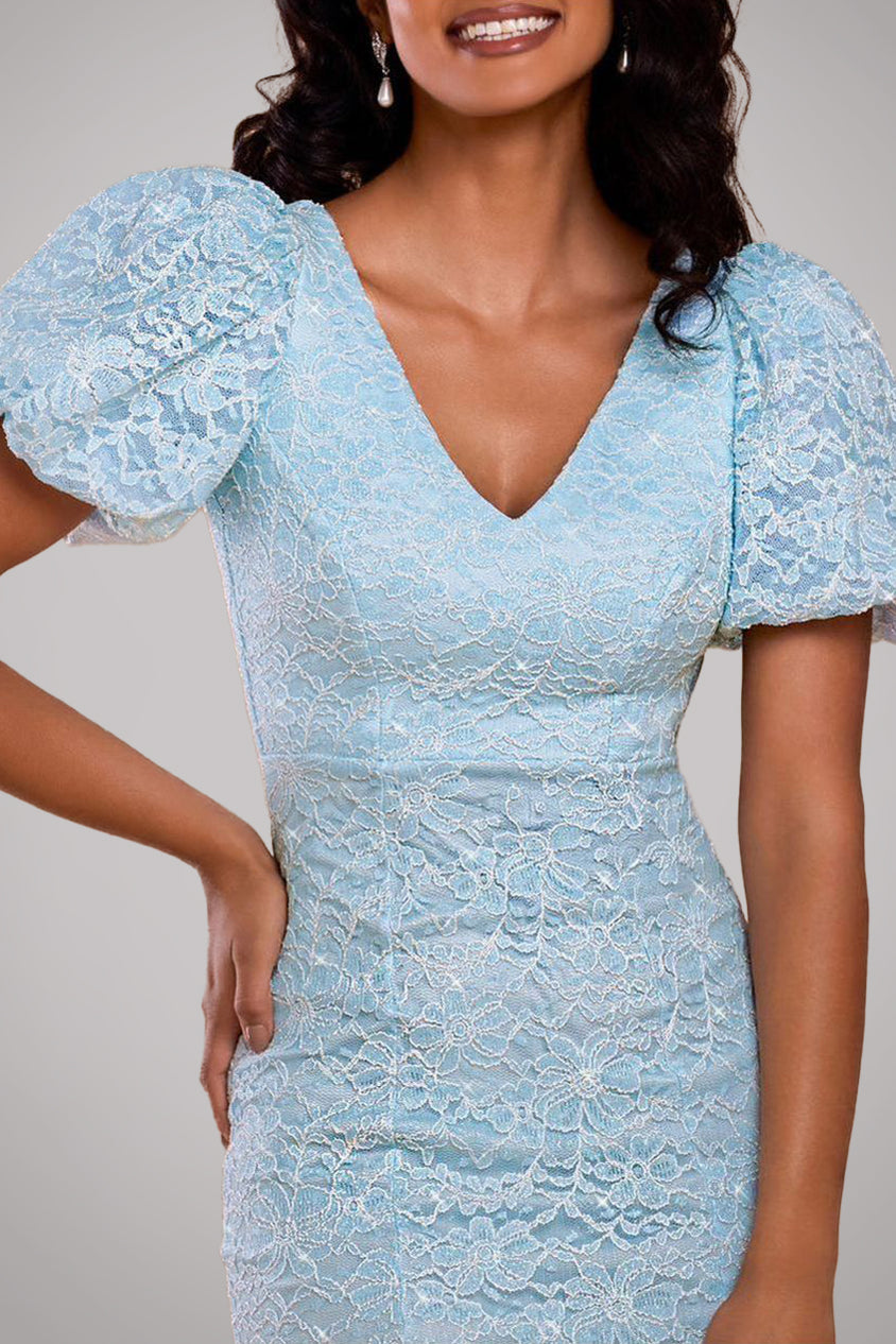 Scallop Lace Puff Sleeve Fit & Flare Midi Dress - Sky Blue DR4694