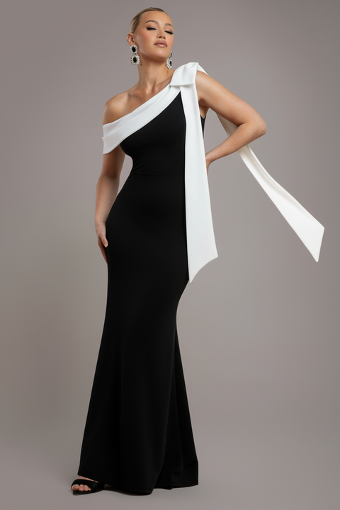 One Shoulder Contrast Bow Maxi Dress - Black Cream by Goddiva