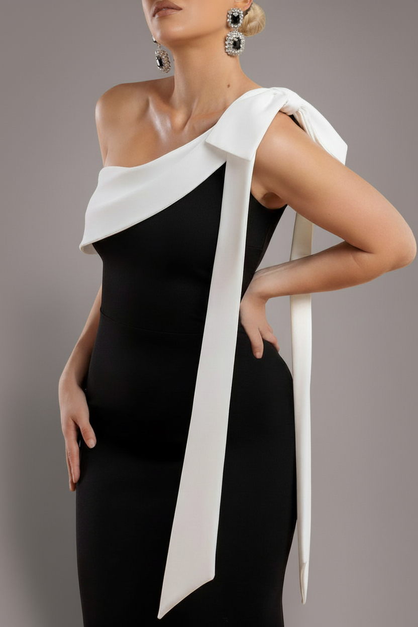 One Shoulder Contrast Bow Maxi Dress - Black Cream DR4717
