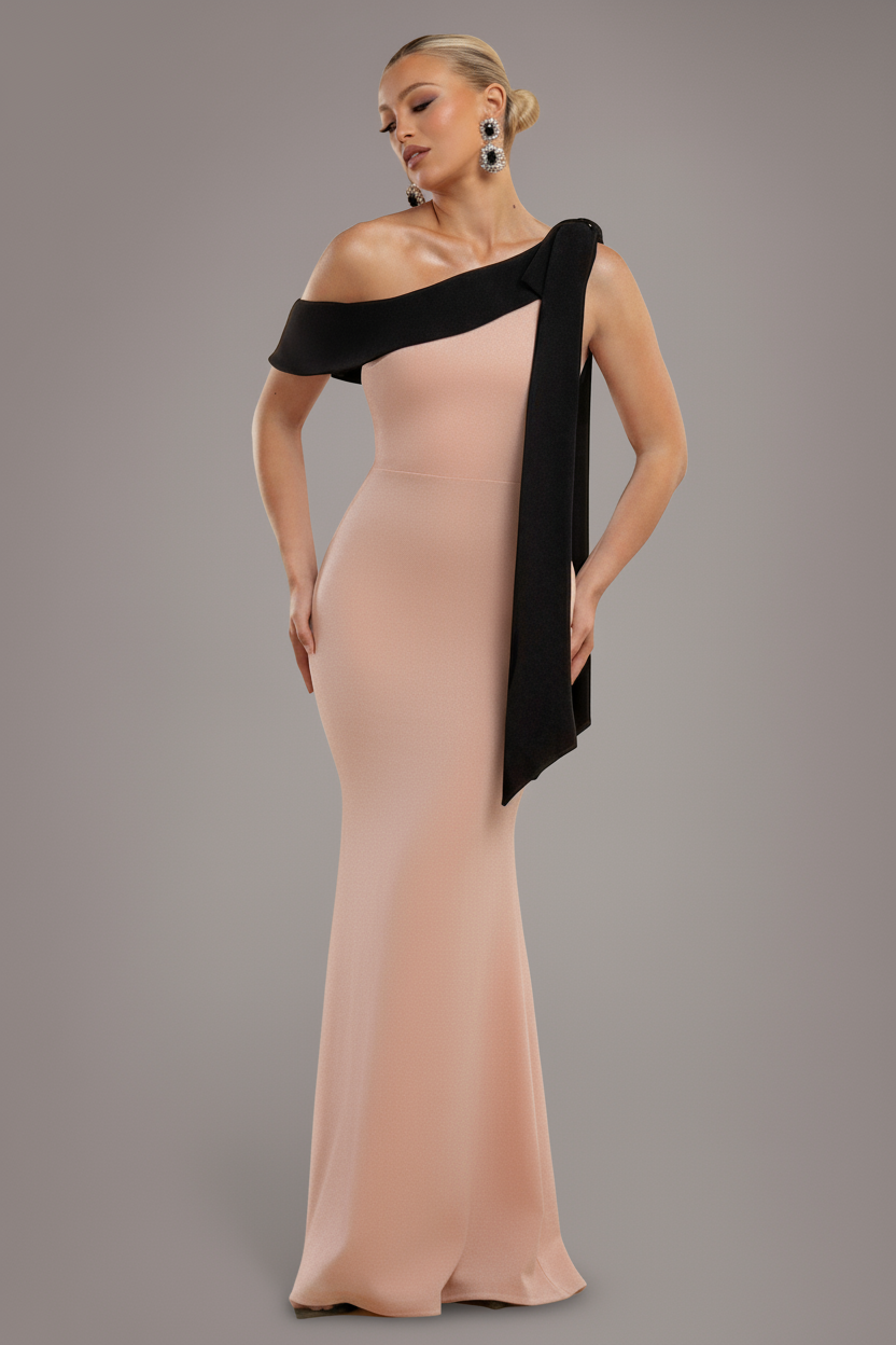 One Shoulder Contrast Bow Maxi Dress - Nude Black DR4717