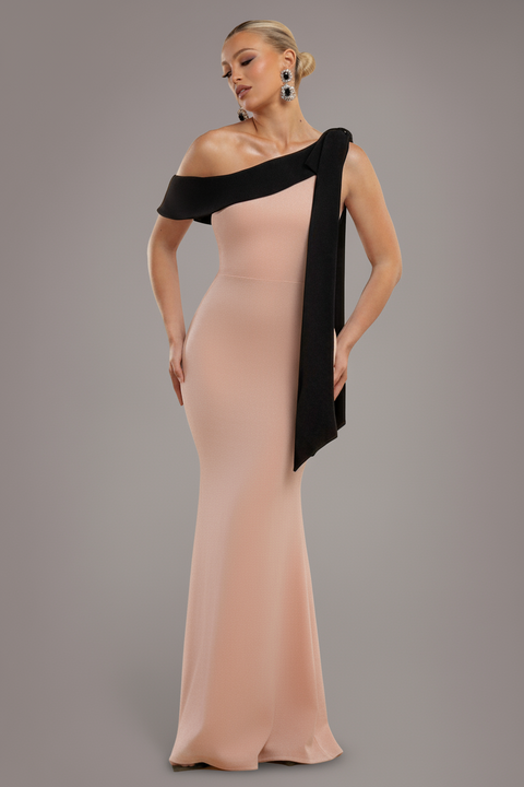 One Shoulder Contrast Bow Maxi Dress - Nude Black by Goddiva