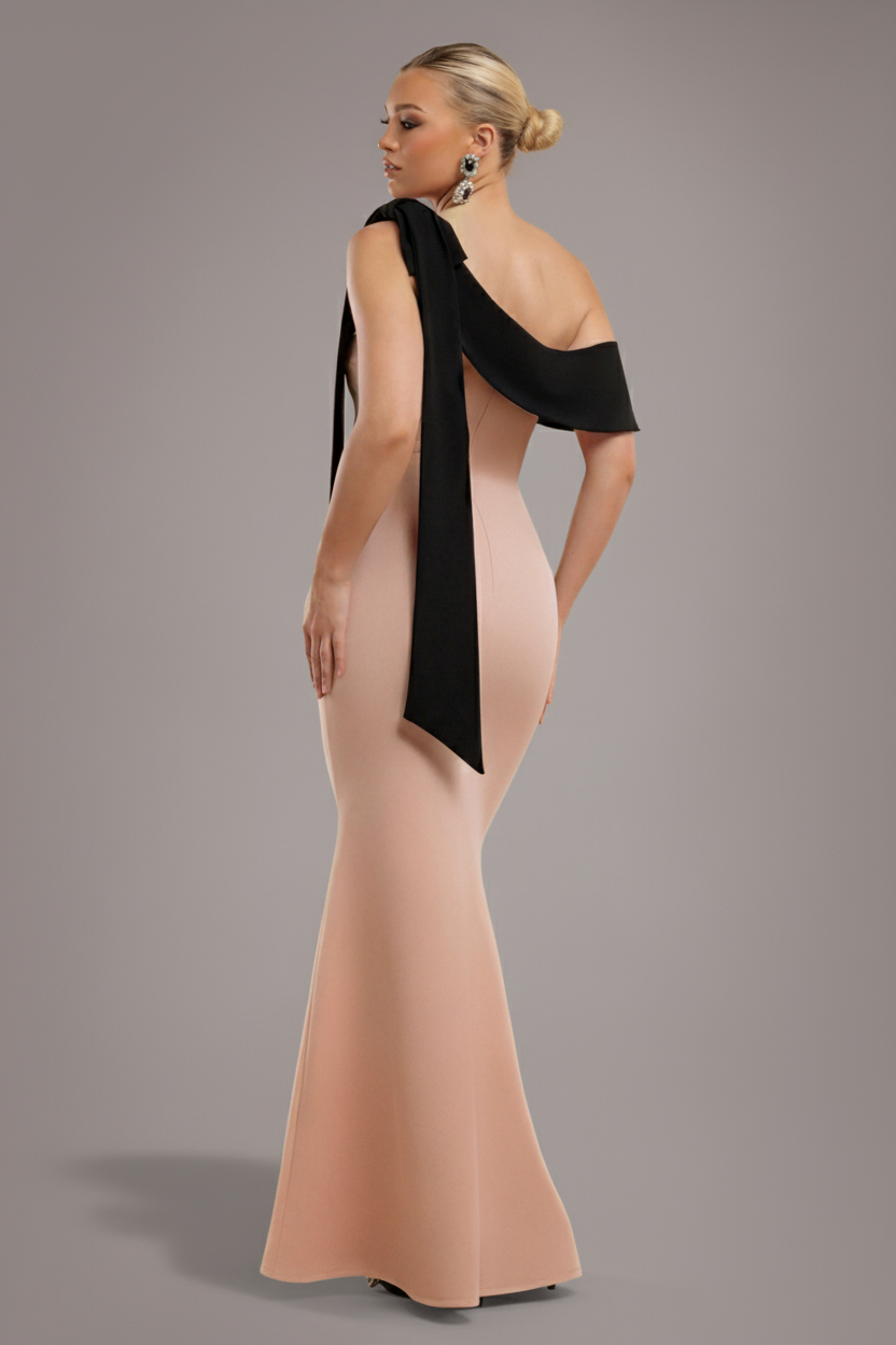 One Shoulder Contrast Bow Maxi Dress - Nude Black DR4717