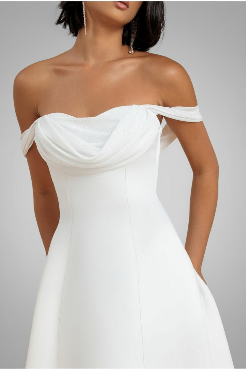 Sparkle Chiffon Cowl Bardot Skater Midi Dress - Cream DR4721