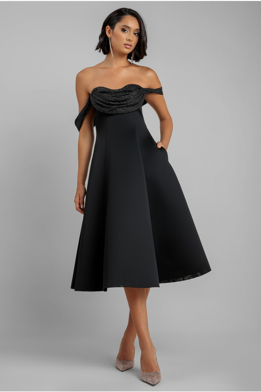 Sparkle Chiffon Cowl Bardot Skater Midi Dress - Black DR4721