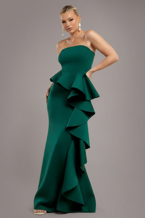 Boobtube Peplum Waterfall Frill Maxi Dress - Emerald Green by Goddiva