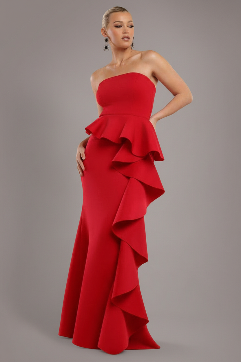 Boobtube Peplum Waterfall Frill Maxi Dress - Red DR4738